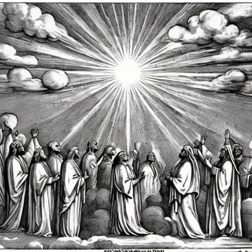 Prompt: The holy sky council praising god from the book of Enoch