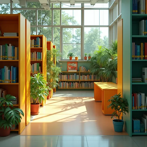 Prompt: a colorful library with greenery that is clearly in a high school

