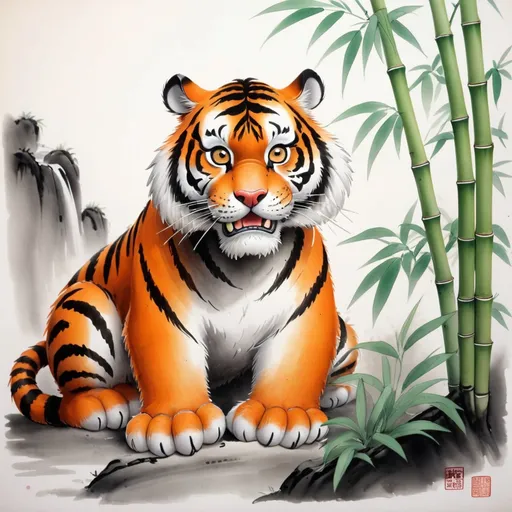 Prompt: chinses ink wash painting tiger eat bamboooash 