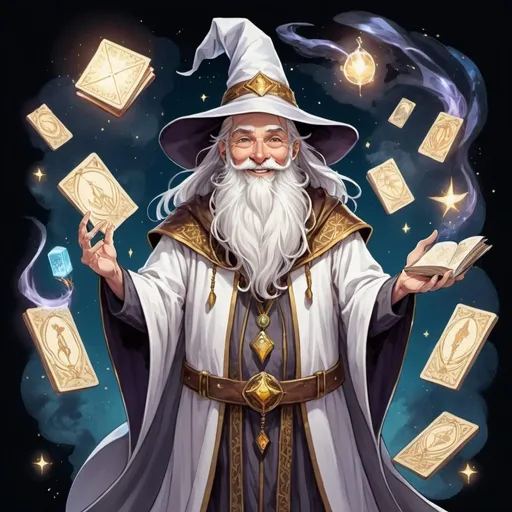 Prompt: tarot card Anime illustration, a floating high in the air, a blissful grinning  pointy hat wizard Wizard, man with a long white beard, white robes, with floating spell books and artifacts
