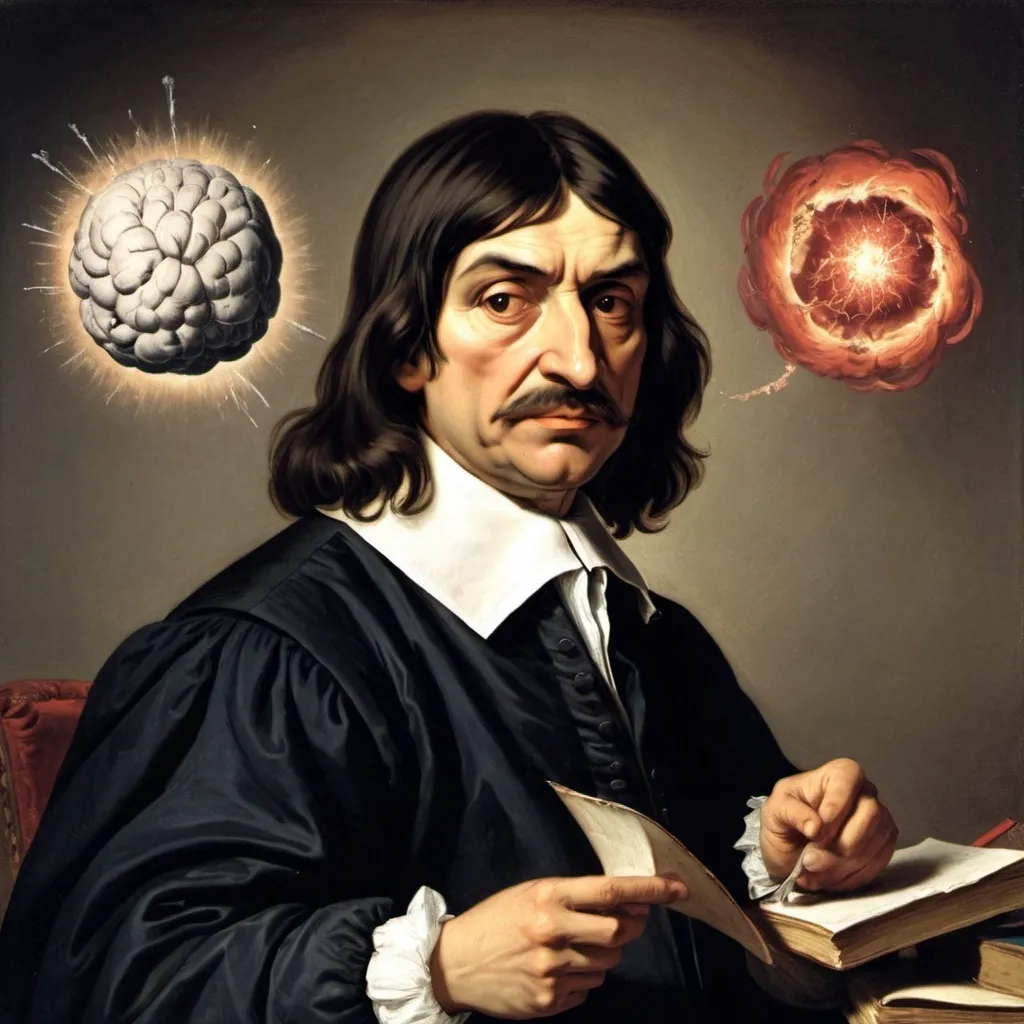 Prompt: Rene Descartes with a blown-up mind around him