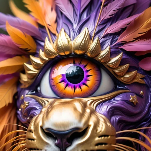 Prompt: A close-up image of an eye with lion inside of eye, where the iris is a fiery orange, purple color resembling an explosion or nebula in space, ornate gold armor, with a dark pink pupil at the center resembling a starry night sky. A rainbow shines in the background through the branches of purple trees. white big fake fluffy eye lashes, dark skin skin, lion pictured inside the eye, The surrounding eye is a mix of blue and white with visible veins. ornate gold armor, fake false feather eye lashes big eyelashes are visible with bold black eye liner, but the skin around the eye appears dark skinned, animals lion drawing placed inside the eye pupil