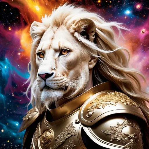 Prompt: (Jared Leto) long hair, riding in the orbit universe on a majestic (white lion), adorned in (gold armor), wielding a (golden sword), embodying an emperor-like warrior, amidst a breathtaking cosmic background of (explosions) and (nebulae), dynamic and vibrant colors, (ultra-detailed), capturing the grandeur and magnificence of the scene, creating a strong and heroic ambiance in a surreal space environment.