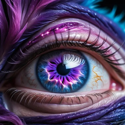 Prompt: A close-up image of an eye where the iris is a fiery purple color resembling an explosion or nebula in space, a face of a lion purple fur looking in eye, with a dark pink pupil at the center resembling a starry night sky. The surrounding eye is a mix of blue and white with visible veins. The eyelashes are not clearly visible, but the skin around the eye appears reddish-brown. lion face in pupil