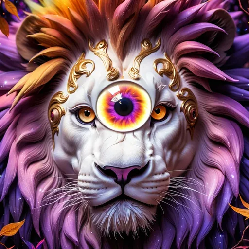 Prompt: two eyes of lion, A close-up image of an eye with lion inside where the iris is a fiery orange, purple color resembling an explosion or nebula in space, ornate gold armor, with a dark pink pupil at the center resembling a starry night sky. A rainbow shines in the background through the branches of purple trees. white big fake fluffy eye lashes, dark skin skin, lion pictured inside the eye, The surrounding eye is a mix of blue and white with visible veins. ornate gold armor, fake false feather eye lashes big eyelashes are