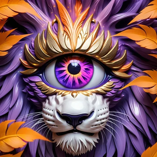 Prompt: two eyes of lion, A close-up image of an eye with lion inside where the iris is a fiery orange, purple color resembling an explosion or nebula in space, ornate gold armor, with a dark pink pupil at the center resembling a starry night sky. A rainbow shines in the background through the branches of purple trees. white big fake fluffy eye lashes, dark skin skin, lion pictured inside the eye, The surrounding eye is a mix of blue and white with visible veins. ornate gold armor, fake false feather eye lashes big eyelashes are visible with bold black eye liner, but the skin around the eye appears dark skinned, animals lion drawing placed inside the eye pupil