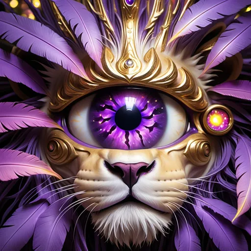 Prompt: lion stuck inside of eye, A close-up image of an eye, where the iris is a fiery purple color resembling an explosion or nebula in space, ornate gold armor, with a dark pink pupil at the center resembling a starry night sky. A rainbow shines in the background through the branches of purple trees. white big fake fluffy eye lashes, dark skin skin, lion pictured inside the eye, The surrounding eye is a mix of blue and white with visible veins. ornate gold armor, fake false feather eye lashes big eyelashes are visible with bold black eye liner, but the skin around the eye appears dark skinned, animals lion drawing placed inside the eye pupil