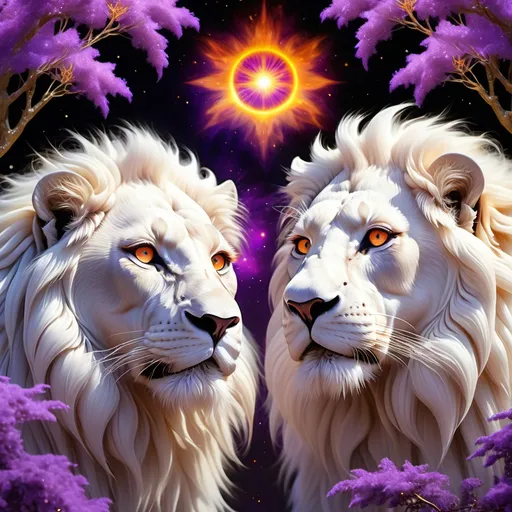 Prompt: lion, A close-up image of 2 white lions, gold armor eye lashes where the iris is a fiery orange, purple color resembling an explosion or nebula in space, ornate gold armor, with a dark pink pupil at the center resembling a starry night sky. A rainbow shines in the background through the branches of purple trees. white big fake fluffy eye lashes, dark skin skin, lion pictured inside the eye, The surrounding eye is a mix of blue and white with visible veins. ornate gold armor, fake false feather eye lashes big eyelashes are