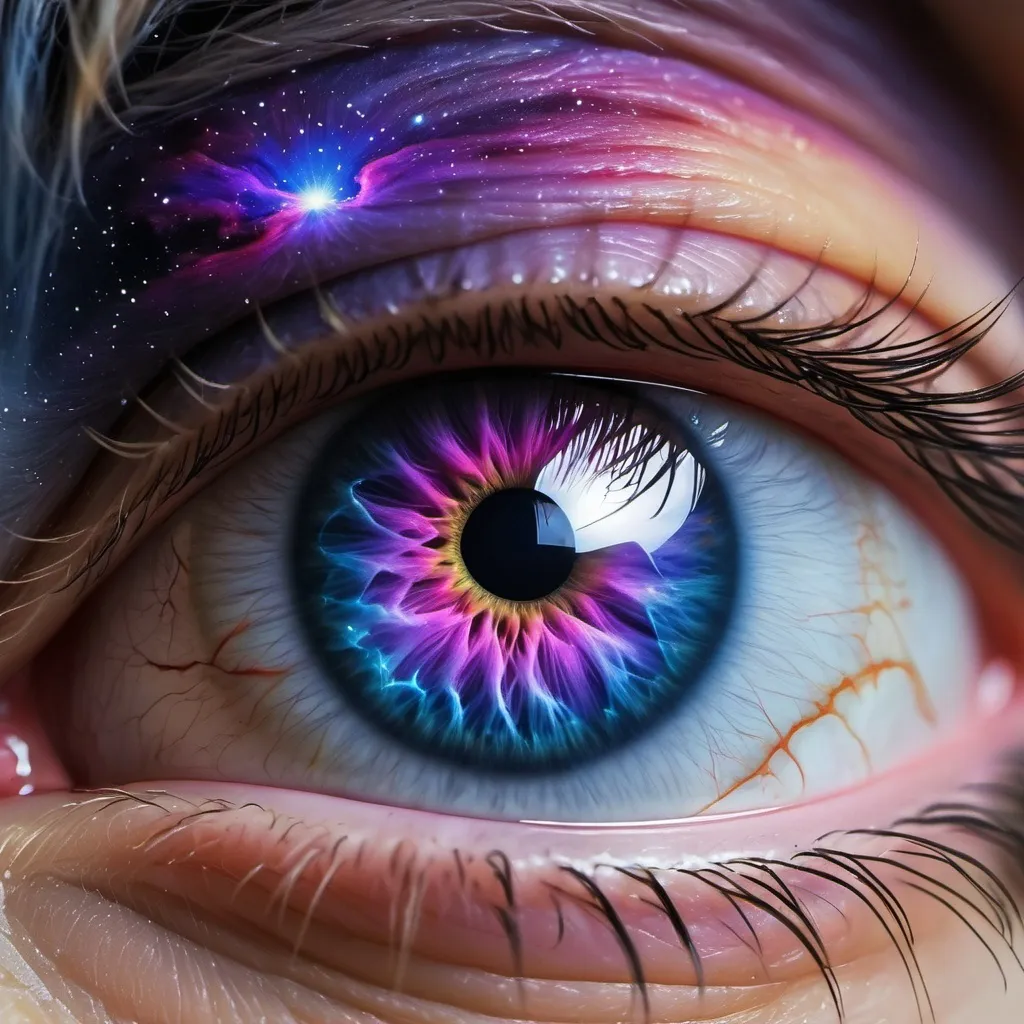 Prompt: A close-up image of an eye where the iris is a fiery purple color resembling an explosion or nebula in space, with a dark pink pupil at the center resembling a starry night sky. The surrounding eye is a mix of blue and white with visible veins. The eyelashes are not clearly visible, but the skin around the eye appears reddish-brown. lion face in pupil