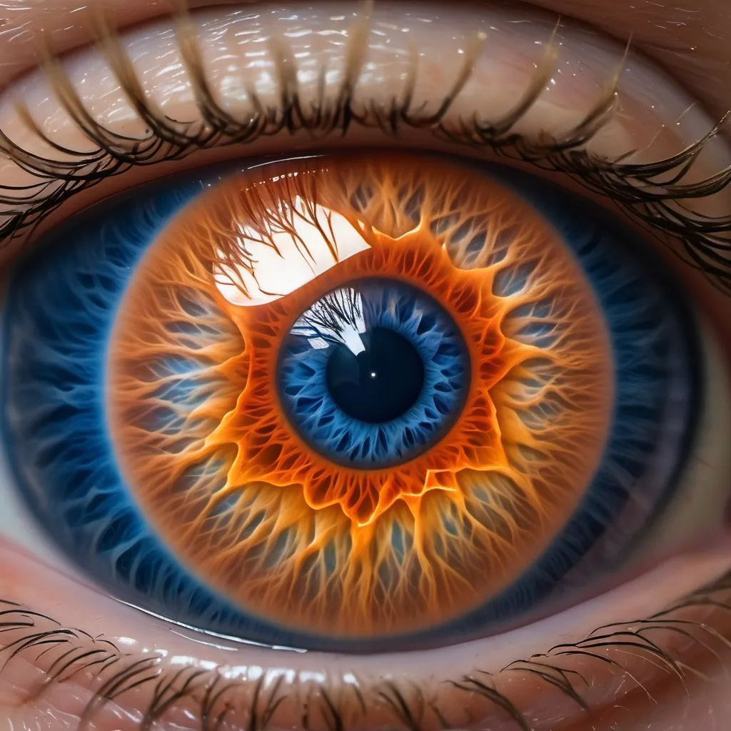 Prompt: A close-up image of an eye where the iris is a fiery orange color resembling an explosion or nebula in space, with a dark blue pupil at the center resembling a starry night sky. The surrounding eye is a mix of blue and white with visible veins. The eyelashes are not clearly visible, but the skin around the eye appears reddish-brown.