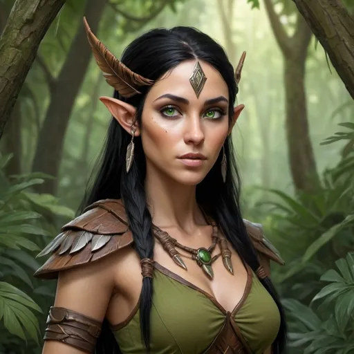 Prompt: realistic, wood elf, jungle, cleric, female, copper skin, black hair, green eyes, prehistoric feathers