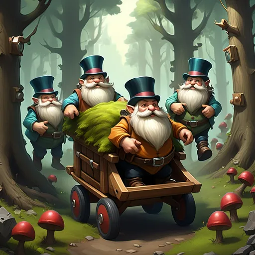 Prompt: generate a forest with magic dwarfs running around, put top hats on the dwarfs, put one of them on a medical stretcher