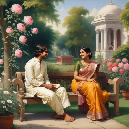 Prompt: a man and woman sitting on a bench in a garden discussing together and smiling, surrounded by flowers and a library, Art & Language, neo-romanticism, classical painting. The man is wearing a silk kurta and woman a silk saree, both are Indians and order. They are both very attractive. Woman is shorter than the man.