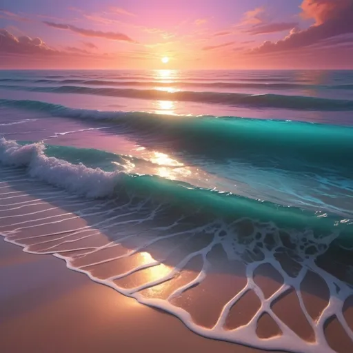 Prompt: A gentle ocean breeze song, glowing turquoise waters, vibrant sunset over the horizon, ethereal and serene atmosphere, musical notes swirling in the breeze, softly lit sky with hues of pink, purple, and orange, distant tranquil waves, sand dunes gently touched by light, calming and peaceful mood, hyper-realistic, ultra-detailed, cinematic lighting, high definition, 4K quality