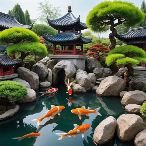 Prompt: Chinese garden, bonsai trees, Chinese goldfish with whiskers in a pond, serene atmosphere, traditional, vibrant colors with rich greens and blues, soft lighting, tranquil and peaceful mood, koi fish swimming gracefully, detailed garden rocks and pagoda-style features, delicate water reflections, intricate bonsai designs, ultra-detailed, 4K, high quality, cinematic masterpiece, lush floral arrangements in background, photorealistic.