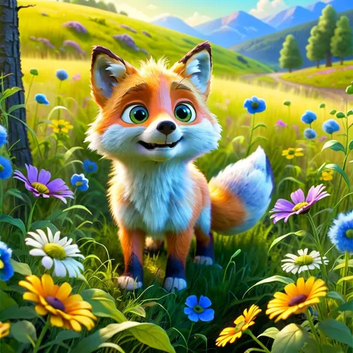Prompt: Bright and sunny meadow with vibrant wildflowers, young fox cub with bright eyes and fluffy fur chasing a bright blue butterfly, lush green trees in the background, high quality, detailed fur, vibrant colors, natural lighting, sunny meadow, colorful wildflowers, fluffy fur, bright eyes, playful, vibrant, detailed, lively, natural lighting