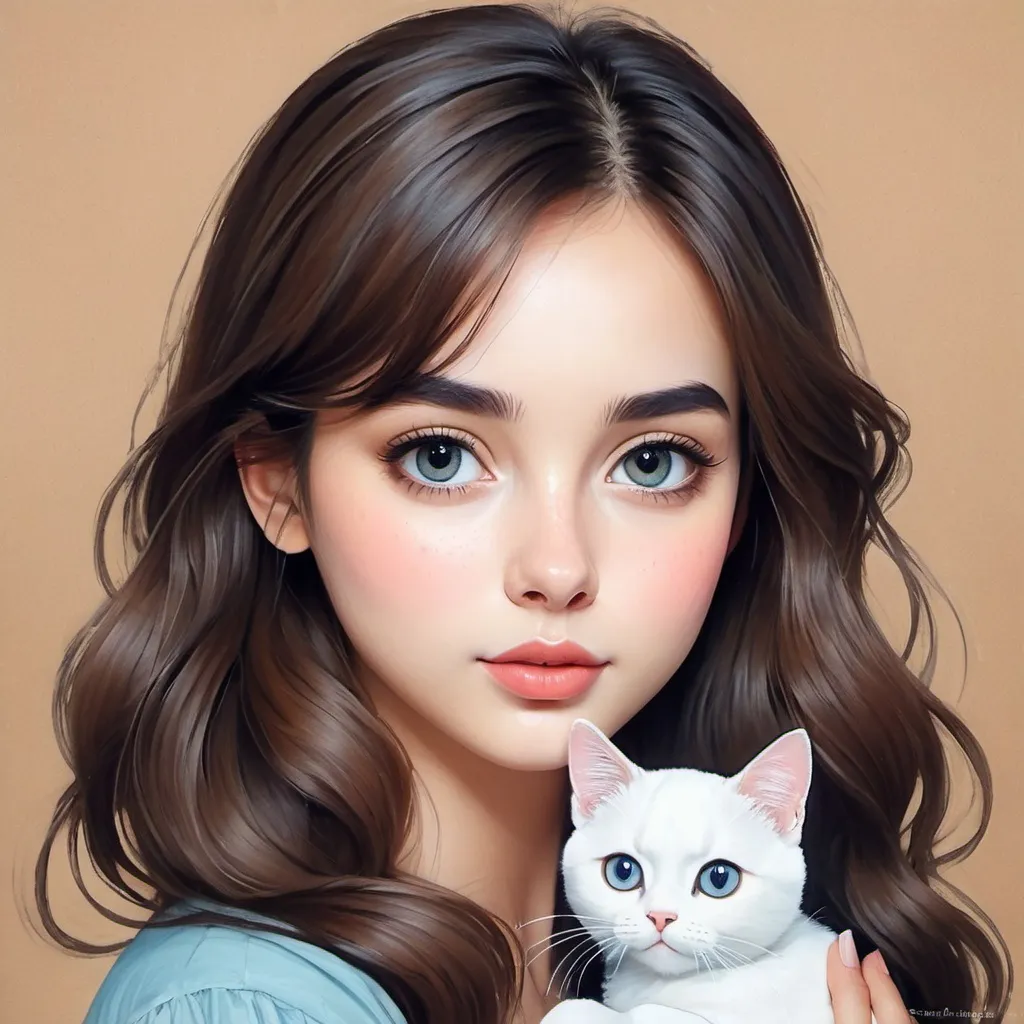 Prompt: naive art girl portrait face with very big eyes  holding a beautiful 
 cat, perfect, trending on etsy, simply draw , naive art simply sketch