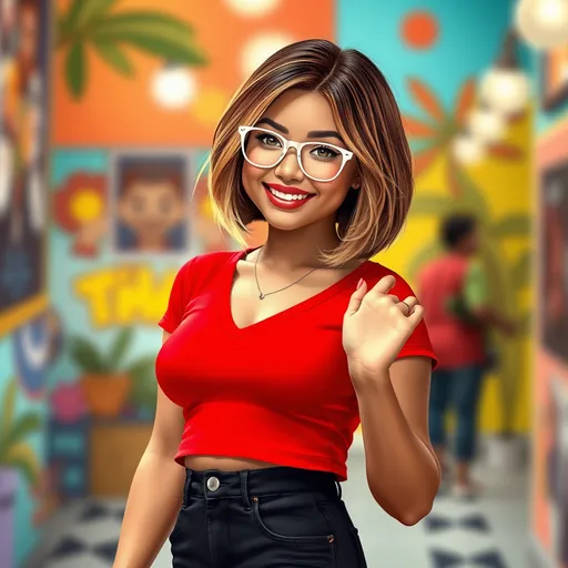 Prompt: Mixed Filipino Puerto Rican girl, stylish pose, 5'6", (bob hairstyle with honey brown and honey blonde balayage), (v-neck red crop top, sleek black jeans), (white prescription glasses), curvy figure, bright colors, (vibrant and lively background), detailed facial features, expressive smile, wide-angle perspective, ultra-detailed rendering, full-body shot, HD quality, inviting ambiance.