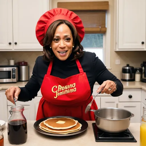 Prompt: Kamala Harris dressed as Aunt Jemima flipping pancakes. 
