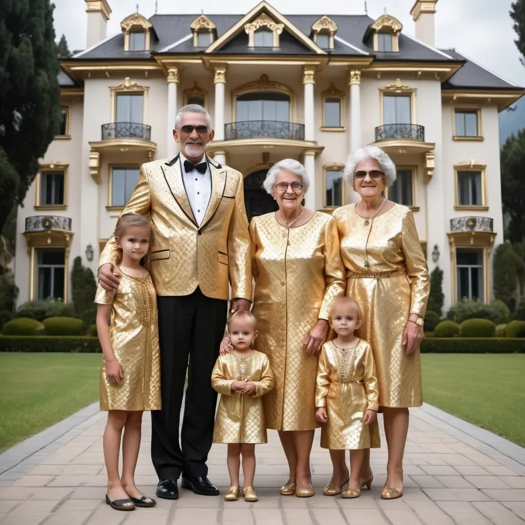 Prompt: large family, father mother grannie, litlle Child cousin , dressed all the same pattern in diamonds and gold, in front of mansion, happy, luxury, exuberant and bling