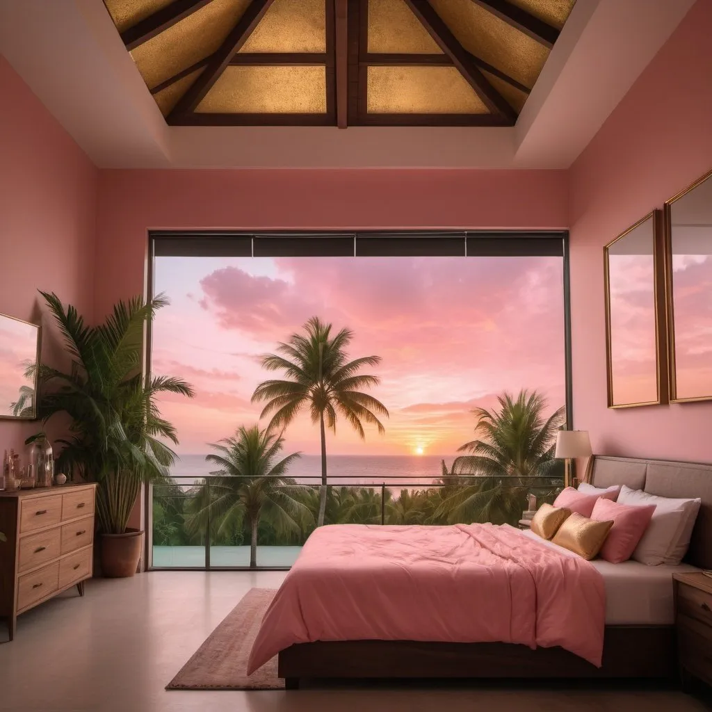 Prompt: RAW photo, celestial resort island, Bedroom, High ceiling, Pink and orange sky, Sunset, clouds, beautiful palm trees, a lot of green, gold, 8k, uhd, dslr, soft lighting, high quality, film grain, Fujifilm XT3, Hyperrealistic