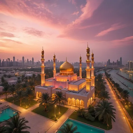 Prompt: RAW photo, celestial Island city, Lots of Mosques, high towers, minarets, golden domes, Pink and orange sky, Sunset, clouds, beautiful palm trees, a lot of green, gold, Seaplanes, moons in the sky, 8k uhd, dslr, soft lighting, high quality, film grain, Fujifilm XT3