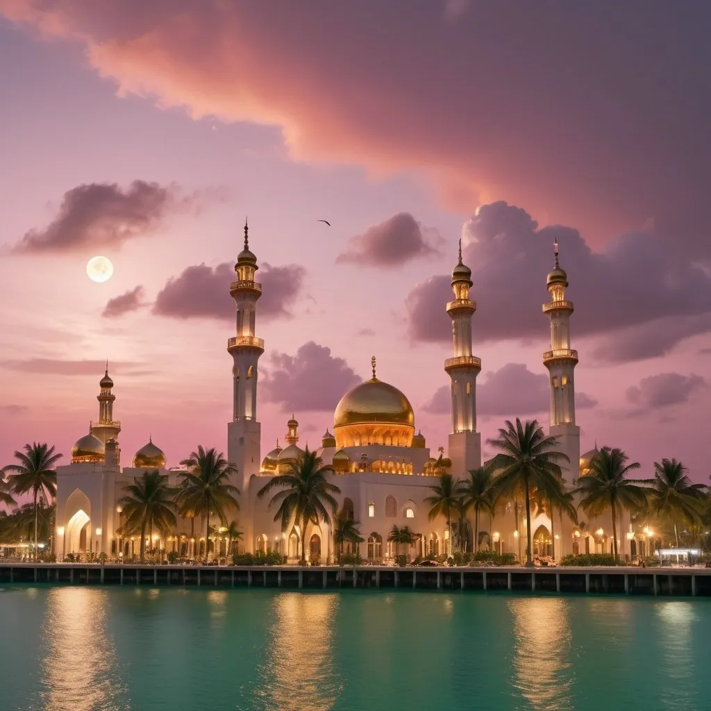 Prompt: RAW photo, celestial Island city, Overwater Mosques, high towers, minarets, golden domes, Pink and orange sky, Sunset, clouds, beautiful palm trees, a lot of green, gold, seaplanes flying overhead, moons in the sky, 8k uhd, dslr, soft lighting, high quality, film grain, Fujifilm XT3