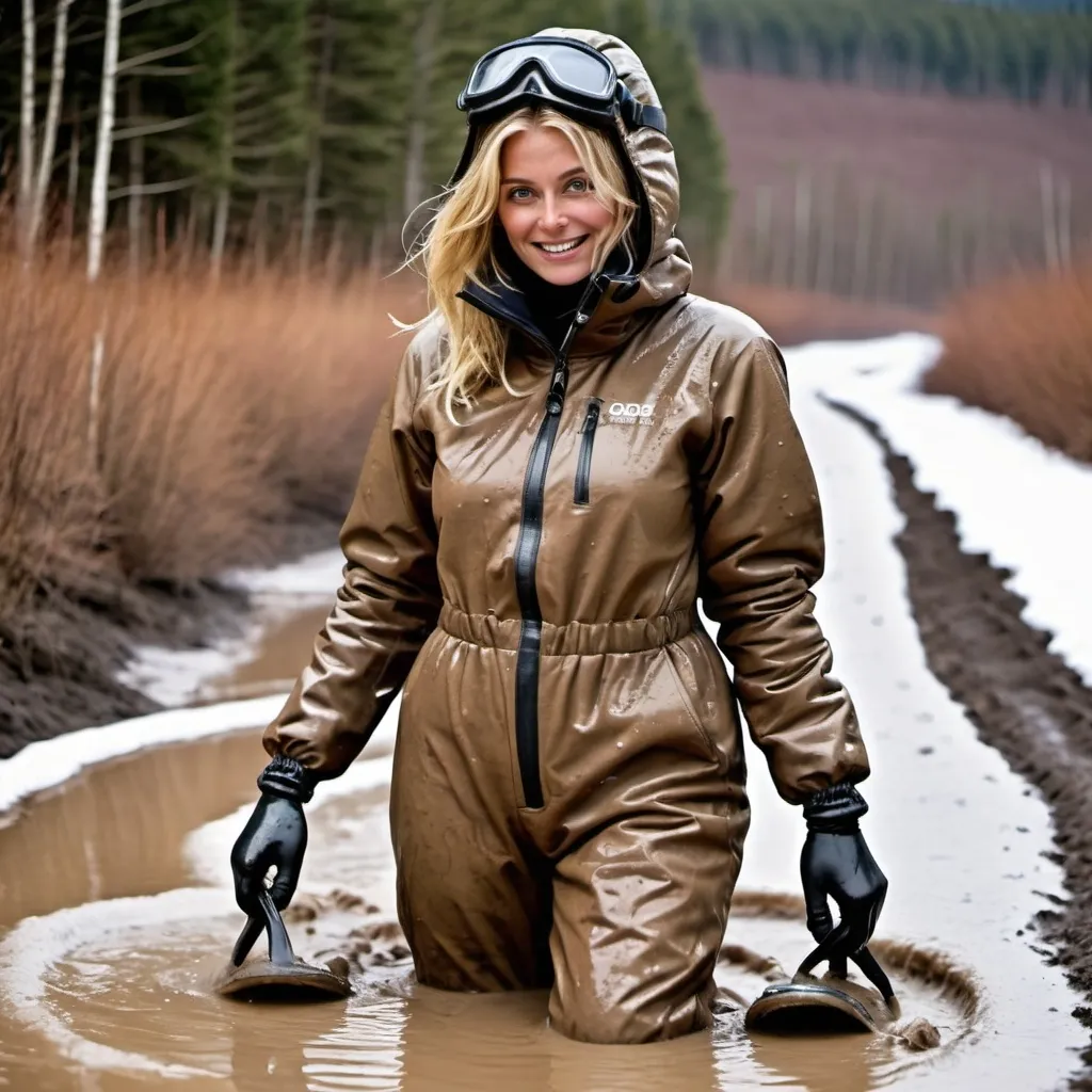 Prompt: Blonde woman wearing muddy dirt cut puffy downsuit with hood over head, puffy gloves, ski goggles and moonboots, taking a shower, heavy mud flowing down the suit