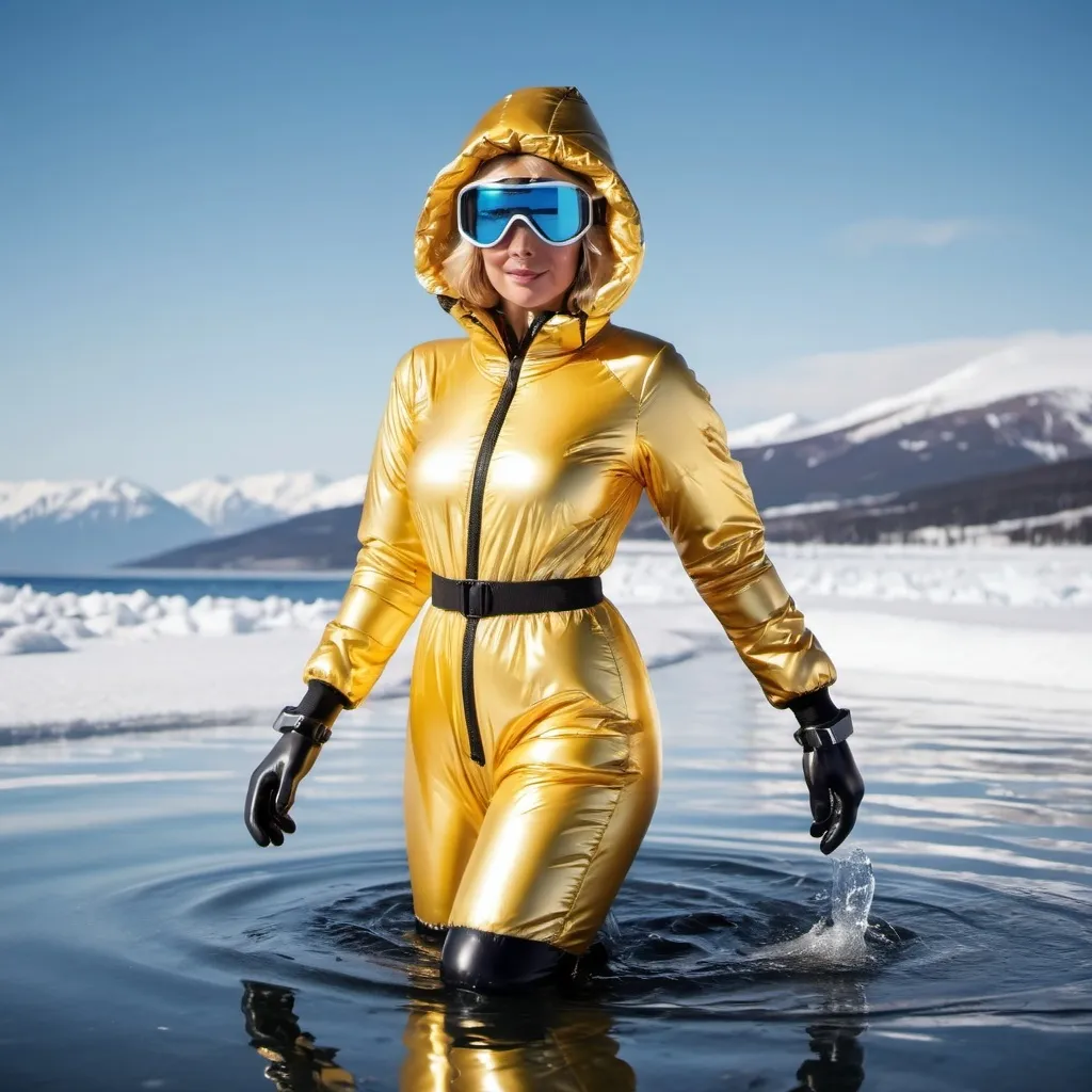 Prompt: Blonde woman wearing shiny puffy down onepiece skisuit with hood over head, ski goggles and rubberboots, swimming in the sea