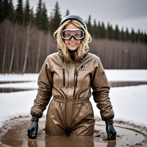 Prompt: Blonde woman wearing muddy dirt cut puffy downsuit with hood over head, puffy gloves, ski goggles and moonboots, taking a shower, heavy mud flowing down the suit