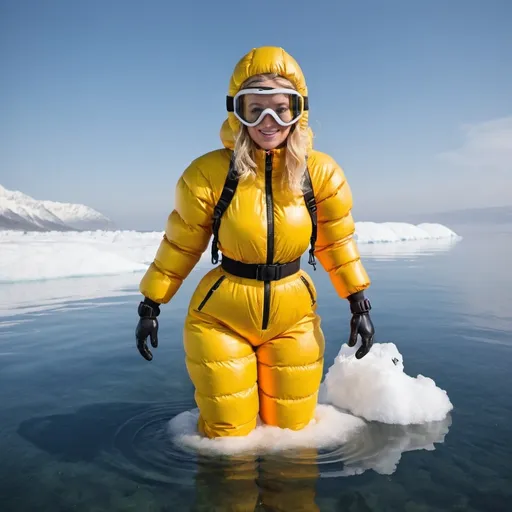 Prompt: Blonde woman wearing puffy downsuit with hood over head, ski goggles and moonboots, diving in the sea