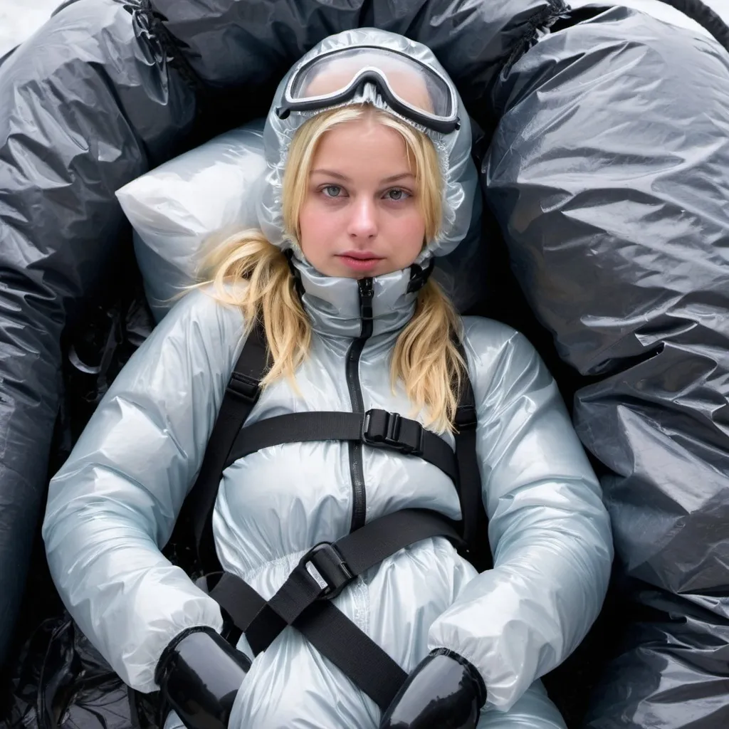 Prompt: Blonde girl wearing shiny nylon onepiece skisuit, moonboots and puffy gloves, bound with ropes and suffocating inside plastic bag  covering her head, tighetened around neck with belt.