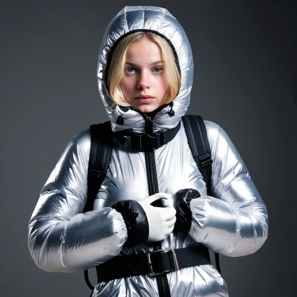 Prompt: Blonde girl wearing shiny nylon onepiece skisuit, moonboots and puffy gloves, bound with ropes and suffocating inside plastic bag  covering her head, tighetened around neck with belt.