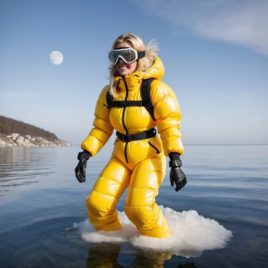 Prompt: Blonde woman wearing puffy downsuit with hood over head, ski goggles and moonboots, diving in the sea