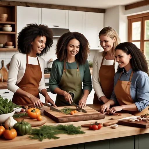 Prompt: A marketing ad with three diversified skin toned female hosts in relaxed cooking setting engaging in discussions, include visuals that represent the discussion topics eg lifestyle elements. Add images of rustic kitchen elements eg wooden cutting boards, fresh ingredients. Use warm inviting colors like rich browns and earthy greens. Use catchy phrases like Connect & Cook! Where Cooking Meets Conversation!