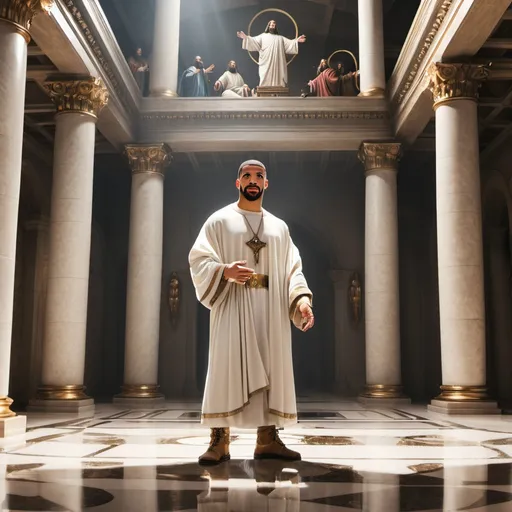 Prompt: god drake standing in his god palace with jesus

