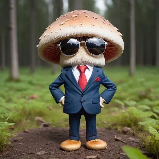 Prompt: Mushroom wearing a suit with legs and arms, looks very cool with sunglasses.
