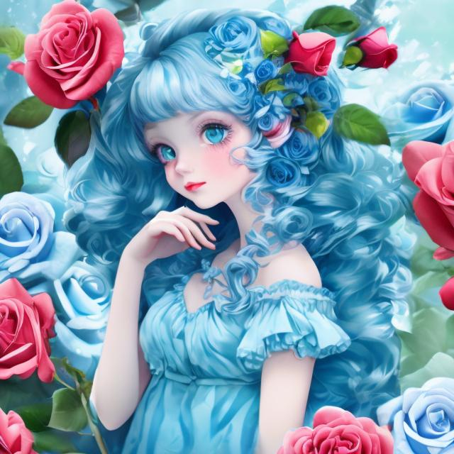 Prompt: Adult girl with cute blue dress, holding blue roses, eye color green, hair color red, skin color white, and blue rose background.