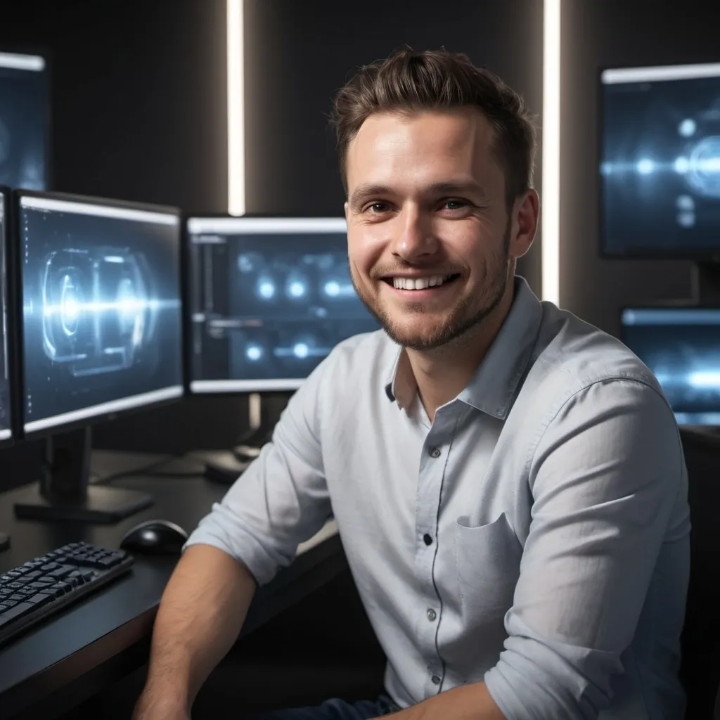 Prompt: Photorealistic image of a man in sitting in front of hightech pc setup smiling looking towards, the background blurred a little