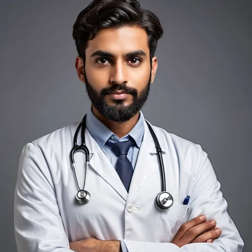 Prompt: I want to Create a image of a men doctor in mid 20’s who is Indian , height 5 feet 10 inch, wear white apron no sethoscope  have very light beards and Indian light skin texture , mirin build body 