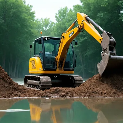 Prompt: Make a short movie about digging machines who are working around water and trees