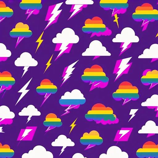 Prompt: Lightning cloud icons in varying pride progress flag colours, repeated across a purple background