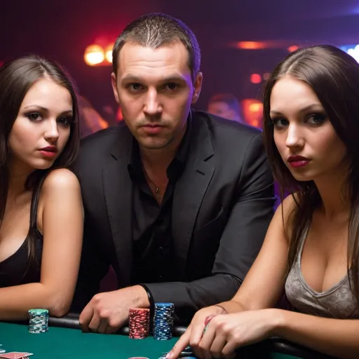 Prompt: A man with two girls in nightclub that have poker face 