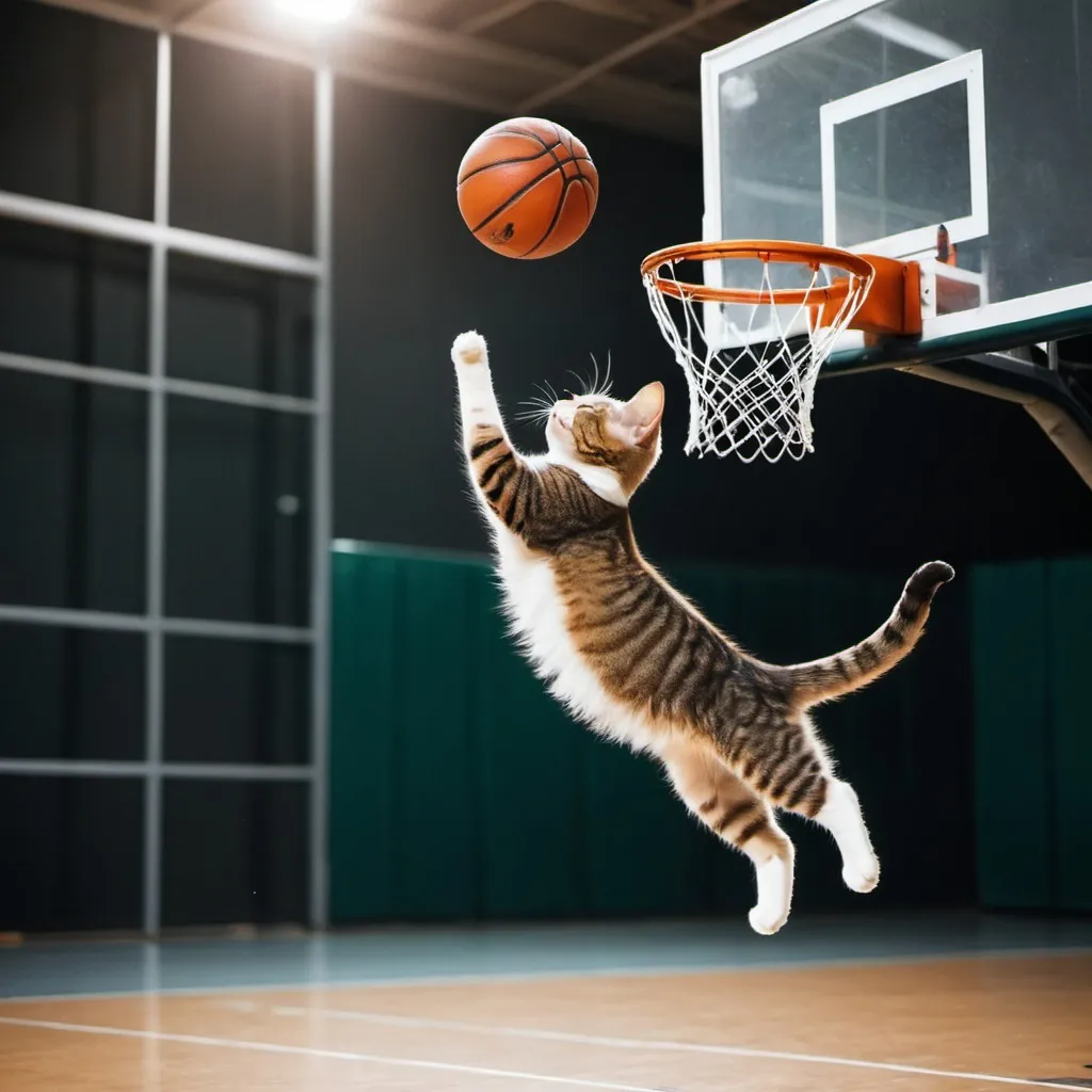 Prompt: A cat doing dunk in basketball court