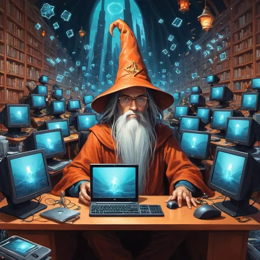 Prompt: a painting of a wizard surrounded by computer screens and people sitting at a desk with a wizard on it, Cyril Rolando, computer art, trending on art station, computer graphics