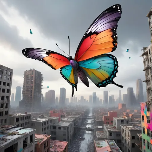 Prompt: one colorful butterfly flying over a grey dystopian cityscape
