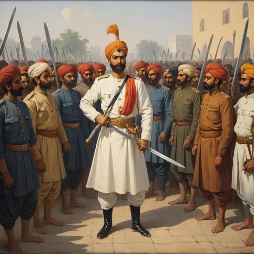 Prompt: a painting of a group of men in uniform holding swords and standing in front of a crowd of men, Andrey Yefimovich Martynov, bengal school of art, orientalism, a painting