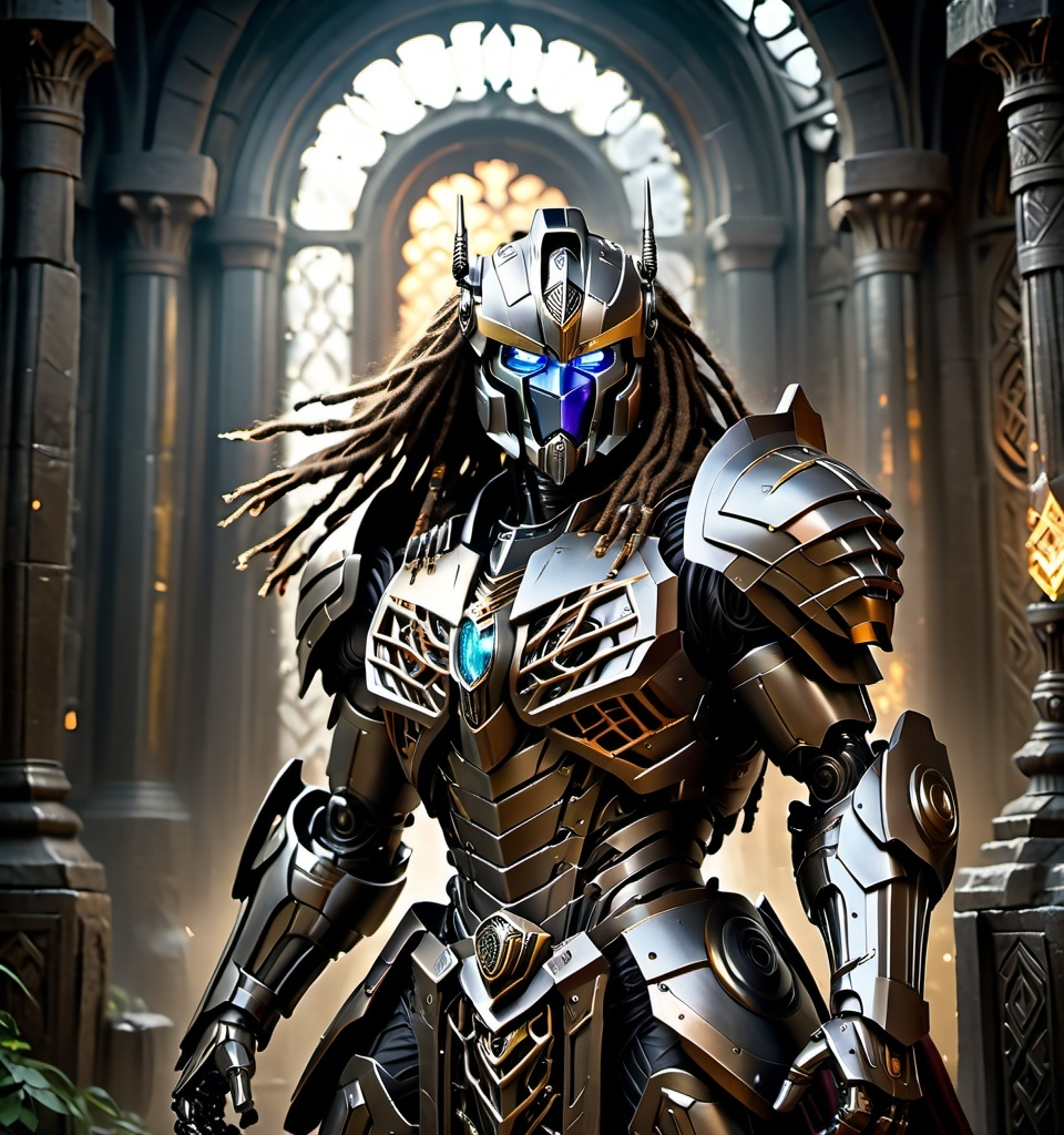 Prompt: (Paladin in full plate mail that resembles a transformer), lower face mask, combat visor, long wired dreadlocks, dark metal colors, dynamic pose and metallic elements, glowing accents and intricate knotted armor details, highly detailed and intricate design, epic and heroic ambiance, cinematic lighting with dramatic shadows, in a fantastical mythical setting, (4K ultra-detailed), showcasing power and strength.