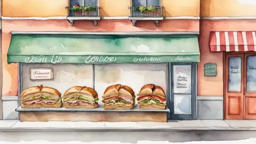 Prompt: Create a water colour image of an Italian sandwich storefront with their name and signage where a chef is making large sandwiches and displaying them on their counter.