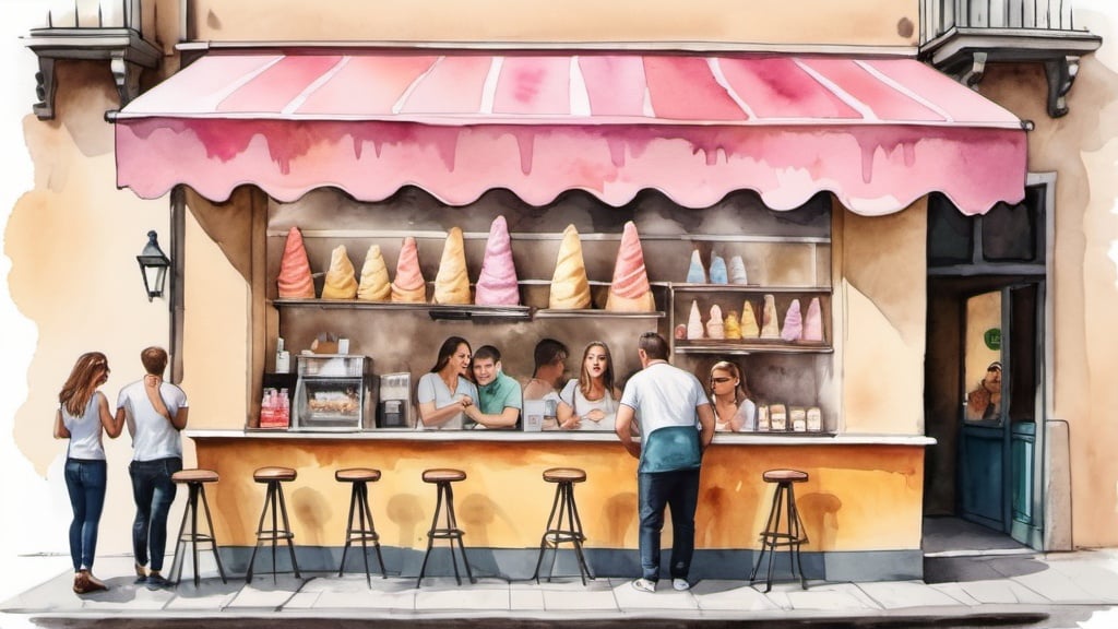 Prompt: Create a water colour image of a gelato bar where people are seen licking large cones of gelato